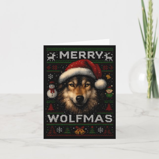 Tarjeta Merry Wolfmas Merry Christmas Wolf Ugly Sweater Fu (Anverso)