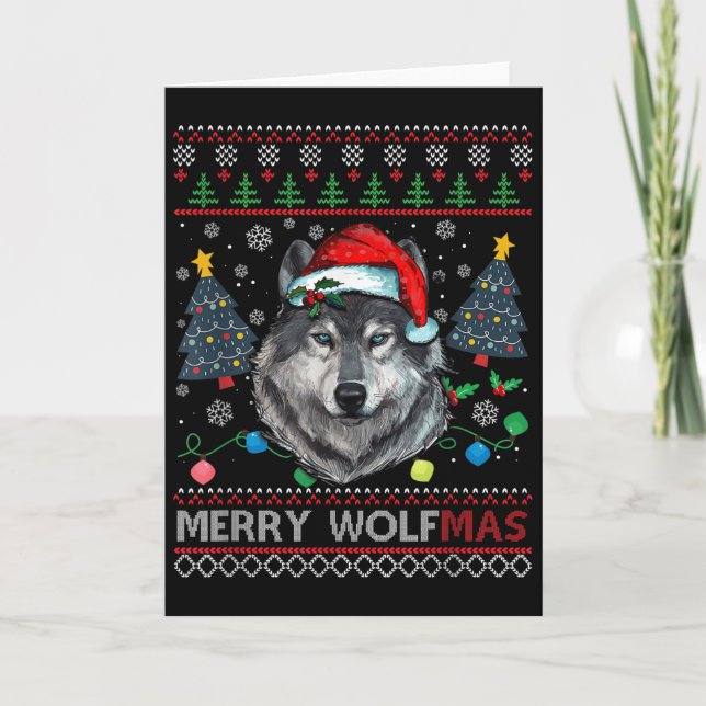 Tarjeta Merry Wolfmas Merry Christmas Wolf Ugly Sweater Fu (Anverso)