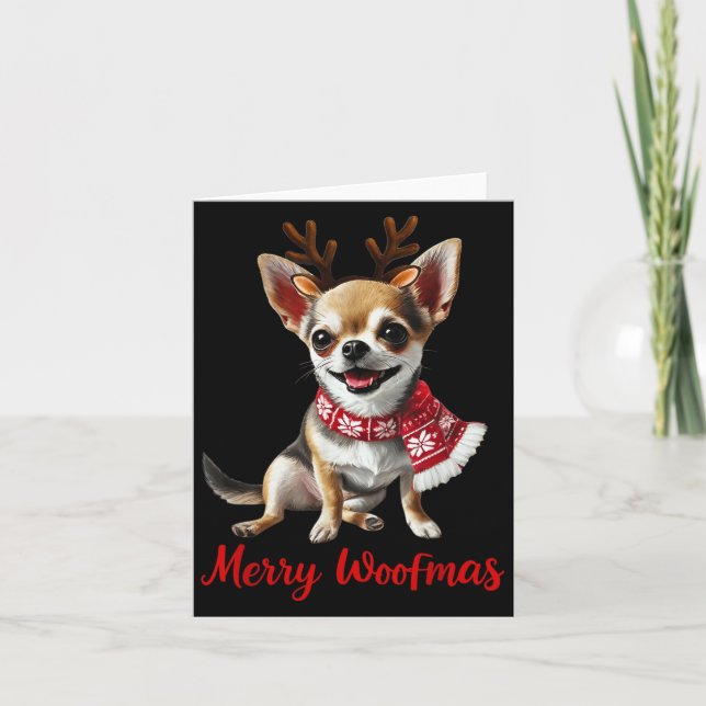 Tarjeta Merry Woofmas Chihuahua Dog Meme In Reindeer Antle (Anverso)