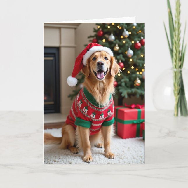Tarjeta Merry Woofmas Golden Retriever (Anverso)
