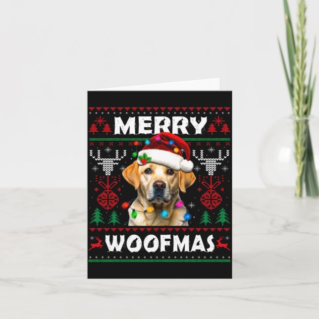 Tarjeta Merry Woofmas Yellow Labrador Christmas Ugly Sweat (Anverso)