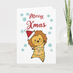 Tarjeta Merry Xmas Lion Nieve Big Cat Lámparas de hadas
