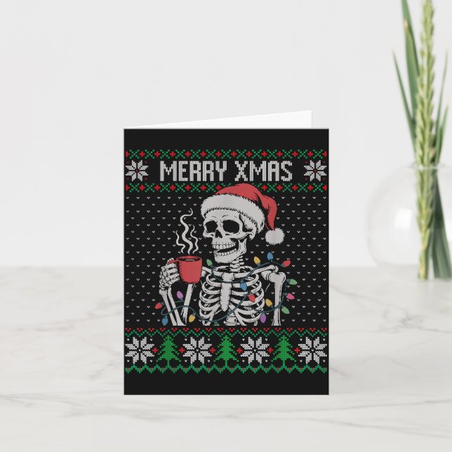 Tarjeta Merry Xmas Skeleton Ugly Sweater, Skull Wearing Sa (Anverso)