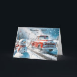 Tarjeta Mes de los Navidades de diciembre de 2025<br><div class="desc">Una camioneta roja retro con un muñeco de nieve ondeando para los Navidades de 2025 de diciembre. Se puede cambiar el texto interior.</div>