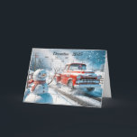 Tarjeta Mes de los Navidades de diciembre de 2025<br><div class="desc">Una camioneta roja retro con un muñeco de nieve ondeando para los Navidades de 2025 de diciembre. Se puede cambiar el texto interior.</div>