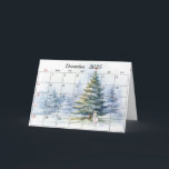 Tarjeta Mes de los Navidades de diciembre de 2025<br><div class="desc">Un pino de color nevado con un muñeco de nieve para los Navidades de 2025 de diciembre. Se puede cambiar el texto interior.</div>