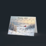 Tarjeta Mes de los Navidades de diciembre de 2025<br><div class="desc">Escena de campo invernal con granero rojo y muñeco de nieve para los Navidades de 2025 de diciembre. Se puede cambiar el texto interior.</div>