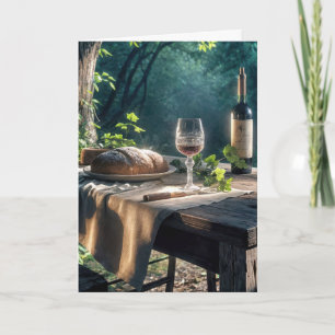 Tarjeta Mesa de Acción de Gracias con Vino en un Bosque