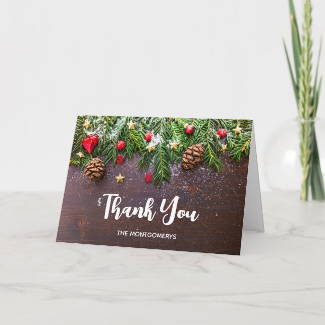Tarjeta Mesa de Navidades rusos con pino y nieve gracias (Anverso)