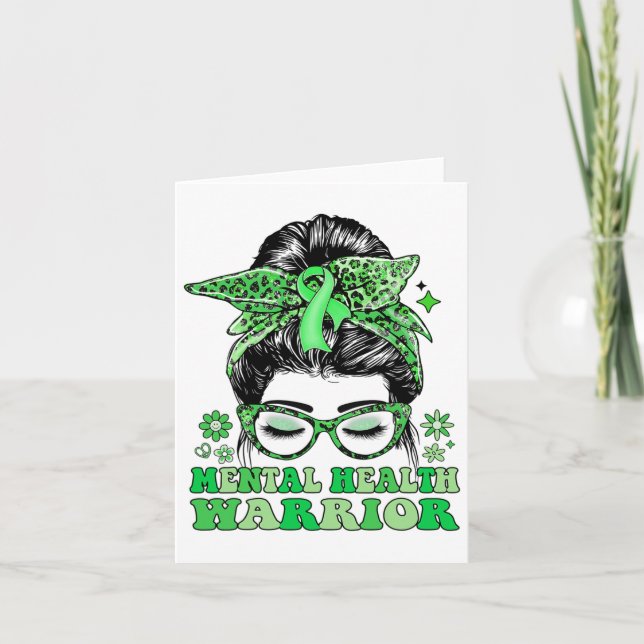 Tarjeta Messy Bun Leopard Green Ribbon Mental Health Warri (Anverso)