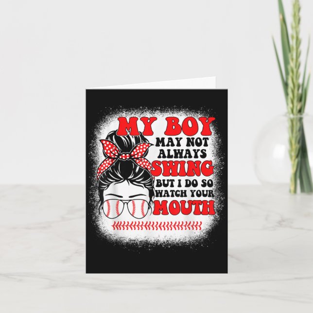 Tarjeta Messy Bun Softball Mom My Boy May Not Always Swing (Anverso)