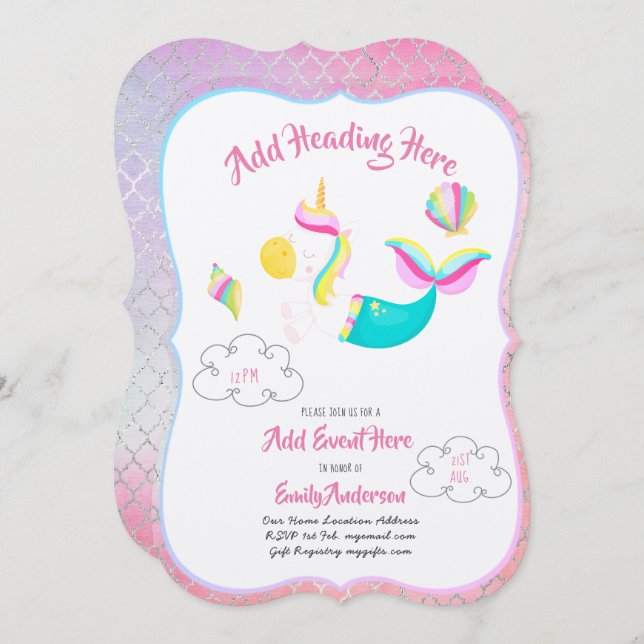 Tarjeta metálica de invitaciones de MERMAID rosado (Anverso / Reverso)