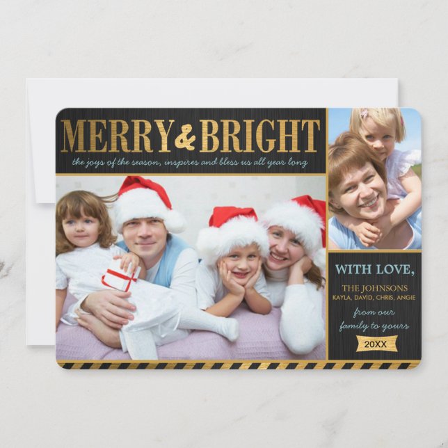 Tarjeta Metallic Gold Merry y Bright Holiday (Anverso)