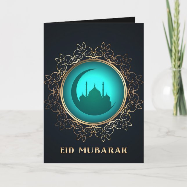 Tarjeta Mezquita de la Media Luna de Eid Mubarak Azul Dora (Anverso)