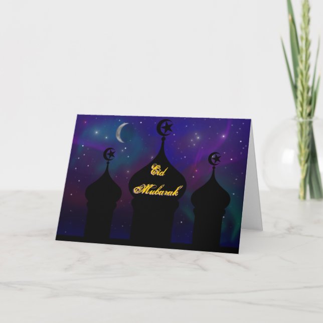 Tarjeta Mezquita de Ramadán con cielo nocturno mágico (Anverso)