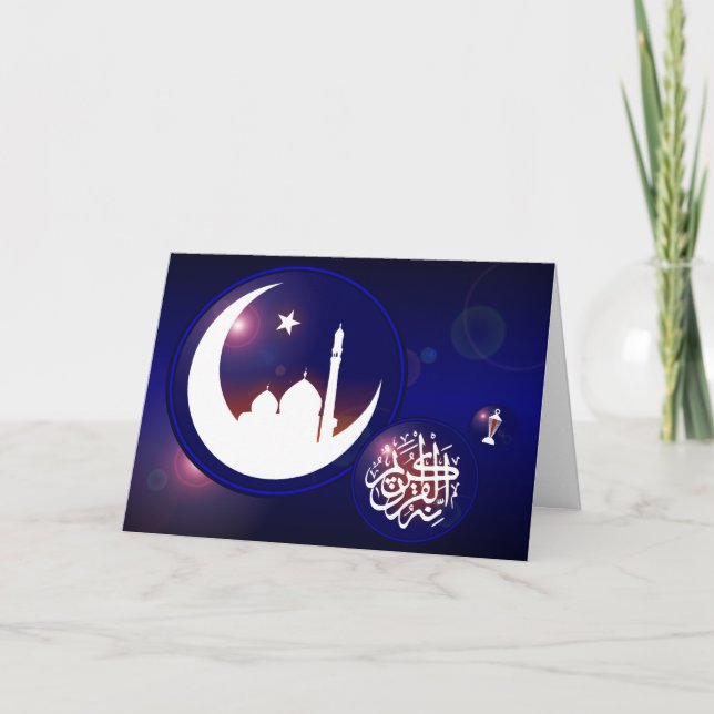 Tarjeta Mezquita de Ramadán en luna creciente con azul fan (Anverso)