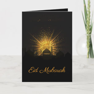 Tarjeta Mezquita negra y día de fiesta de oro Eid Mubarak