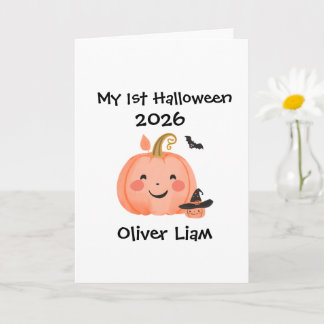 Tarjeta Mi 1er Halloween 2026 Calabaza Sonriente Bruja Nom