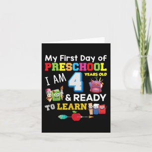 Tarjeta Mi primer día de preescolar, tengo 4 años y soy Re