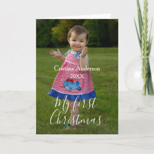 Tarjeta mi primer nombre de foto de bebé de Navidad año si