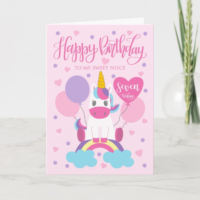 Tarjeta Mi sobrina, 7 cumpleaños, Unicornio, sentada en ar (Anverso)