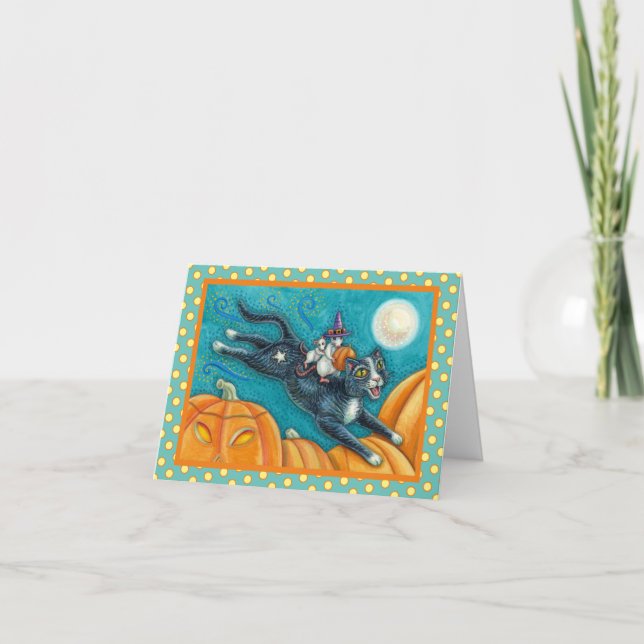 TARJETA MICE BLANCO Y GATO NEGRO EN LA CAZA DE HALLOWEEN S (Anverso)