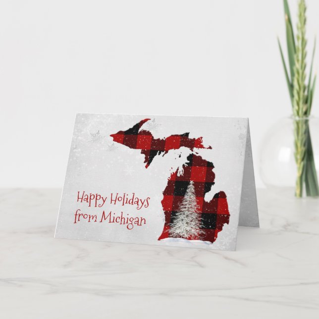 Tarjeta Michigan Navidades Buffalo Plaid (Anverso)