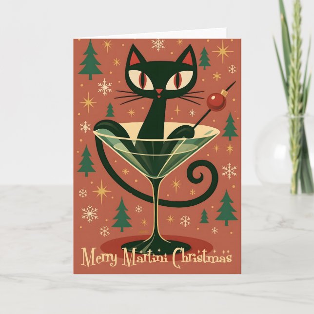 Tarjeta Mid Century Black Cat Merry Martini Christmas (Anverso)