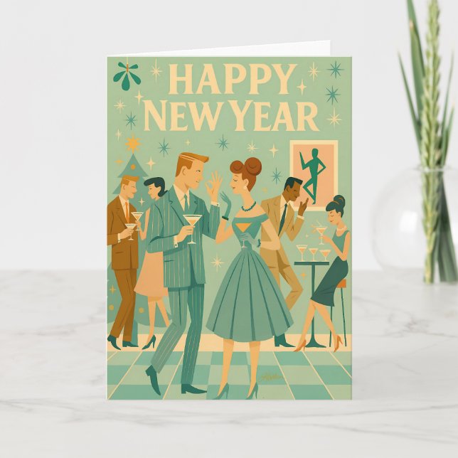 Tarjeta Mid Century Happy New Year The Martini Dance (Anverso)