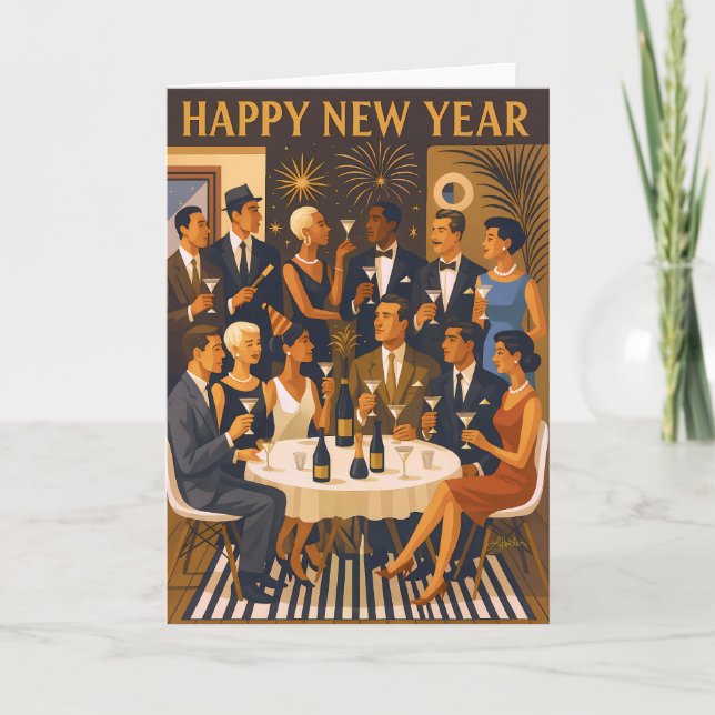 Tarjeta Mid Century Modern Martini Intellectuals New Year (Anverso)
