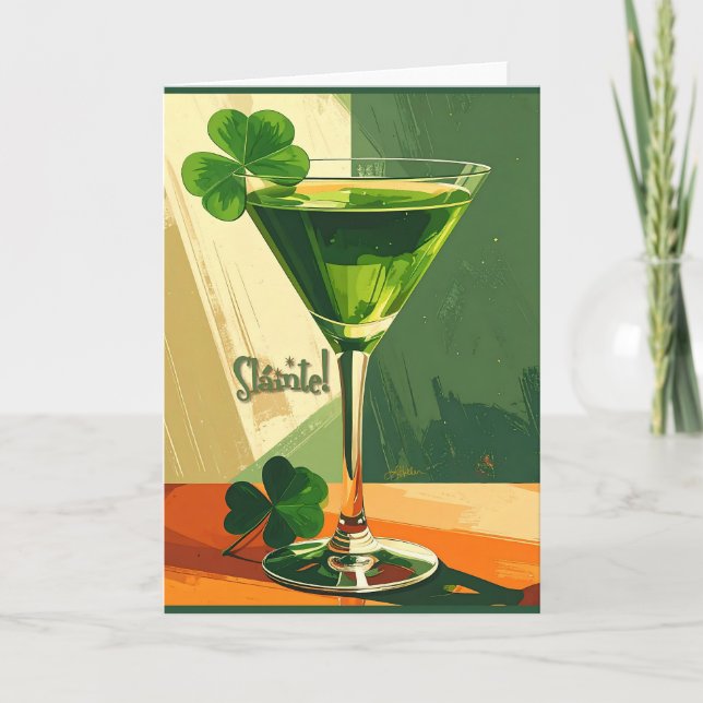 Tarjeta Mid Century Modern Shamrock Martini Sláinte!  (Anverso)