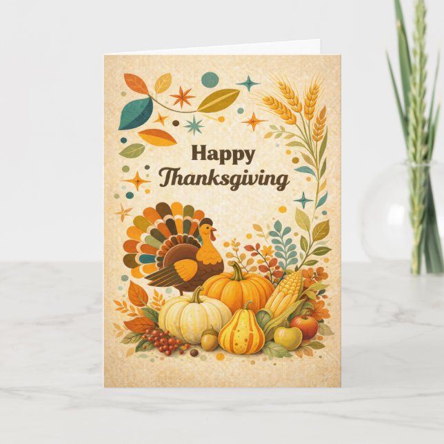 Tarjeta Mid Century Modern Thanksgiving Turkey Harvest (Anverso)