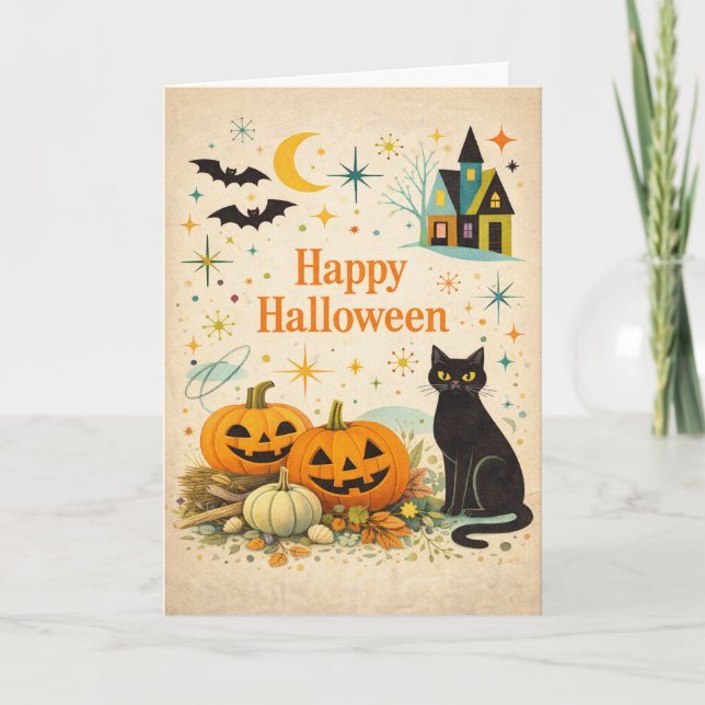 Tarjeta Mid Century Orange Pumpkins Halloween (Anverso)