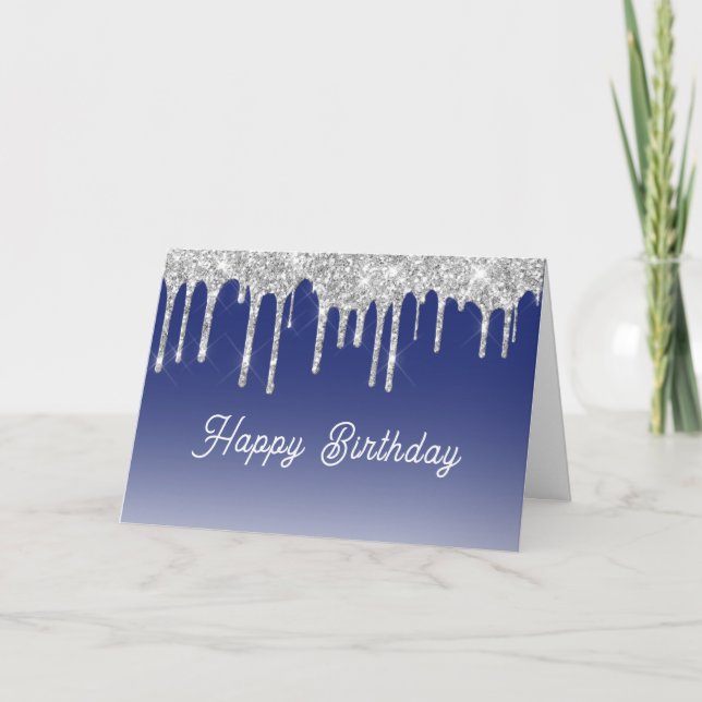 Tarjeta Midnight Blue Silver Glitter Drip Graphic Birthday (Anverso)
