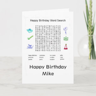 Tarjeta Mike de búsqueda de palabras de cumpleaños feliz
