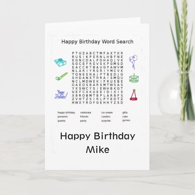 Tarjeta Mike de búsqueda de palabras de cumpleaños feliz (Anverso)