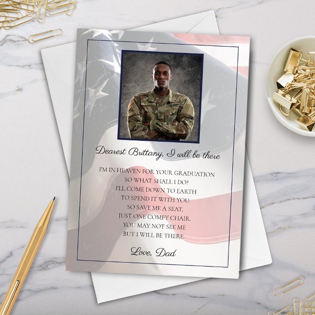 Tarjeta militar conmemorativa de soldado a graduad (save a seat military gold star family member children graduation i will be there memorial poem card)