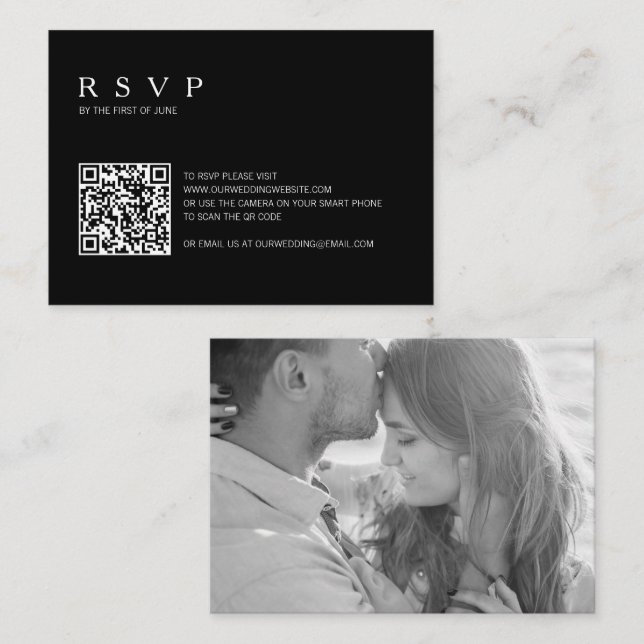 Tarjeta Mini RSVP de Boda de código QR de foto neg (Anverso / Reverso)