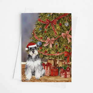 Tarjeta Mini Schnauzer Watercolor bajo el árbol de Navidad