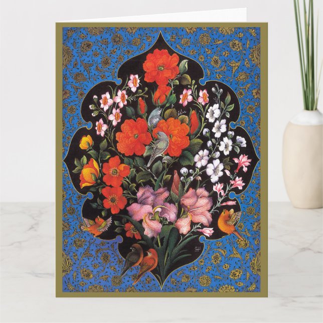 Tarjeta Miniatura del arte persa con escudo de flores y av (Anverso)