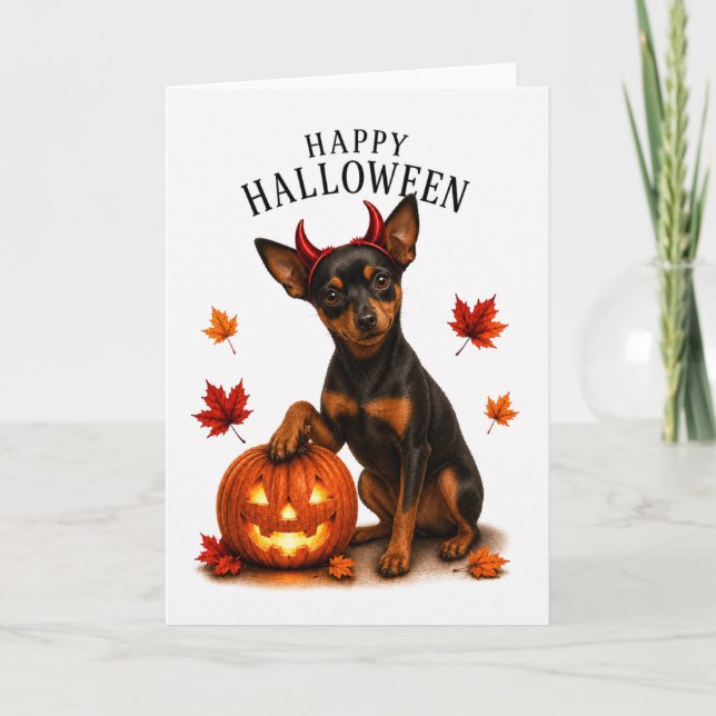 Tarjeta Miniature Pinscher Halloween Perro Diablo (Anverso)