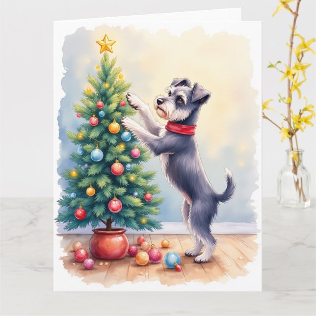 Tarjeta Miniature Schnauzer decorando árbol de Navidad per (flor amarilla)