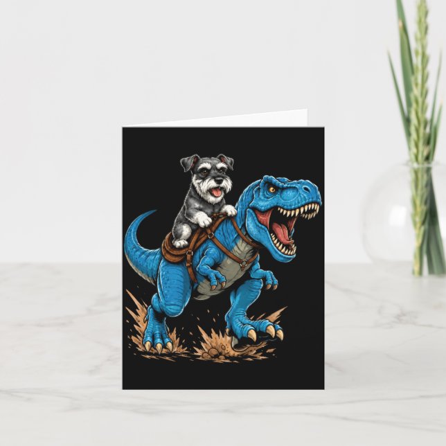 Tarjeta Miniature Schnauzer montando T Rex Dinosaurio Dive (Anverso)