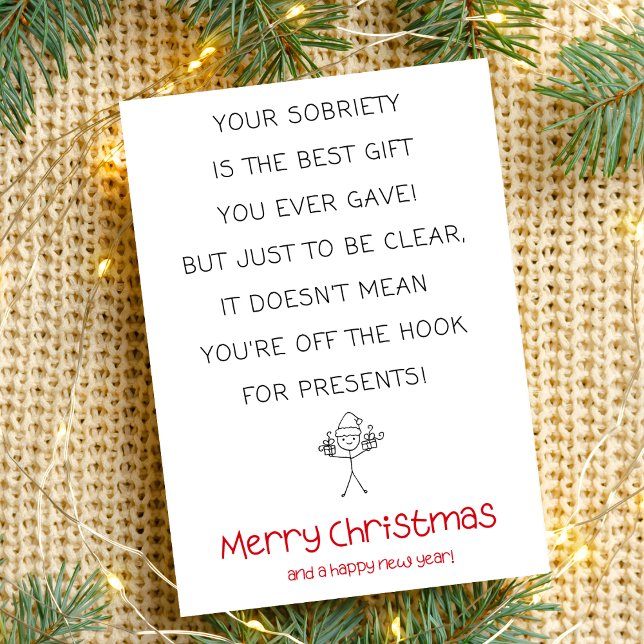 Tarjeta mínima de Navidades de la sobriedad gracio (humorous xmas card for addiction recovery, sober support, simple minimal black red)