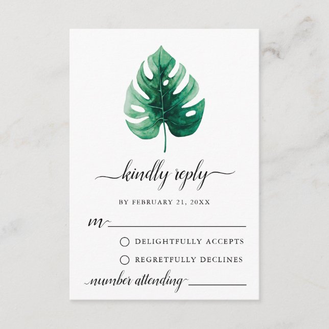 Tarjeta Mínima Green Monstera Leaf RSVP (Anverso)