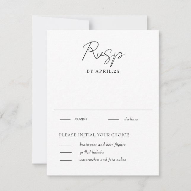 Tarjeta mínima RSVP de boda blanca y negra (Anverso)