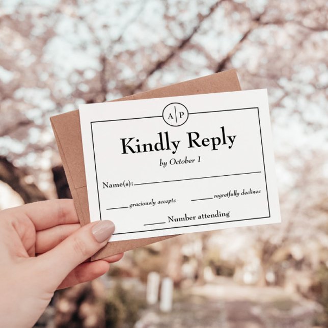 Tarjeta Mínima Simple Monograma Primer Boda RSVP (simple modern black and white monogram initial rsvp wedding response card)