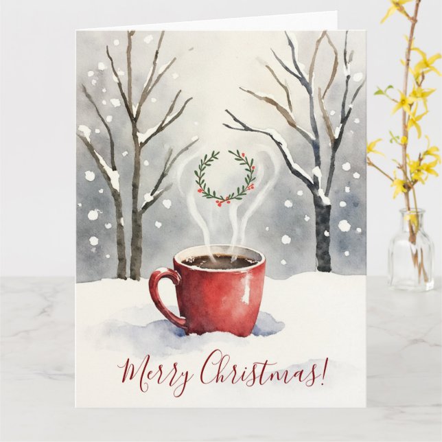 Tarjeta Minimal Cozy Mug Watercolor Christmas Art (flor amarilla)