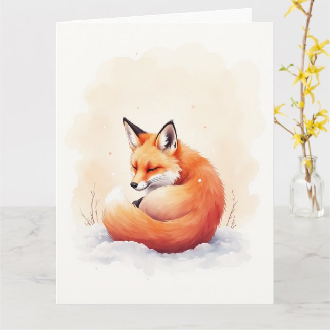 Tarjeta Minimal Red Fox Snowfall Watercolor Christmas Art (flor amarilla)