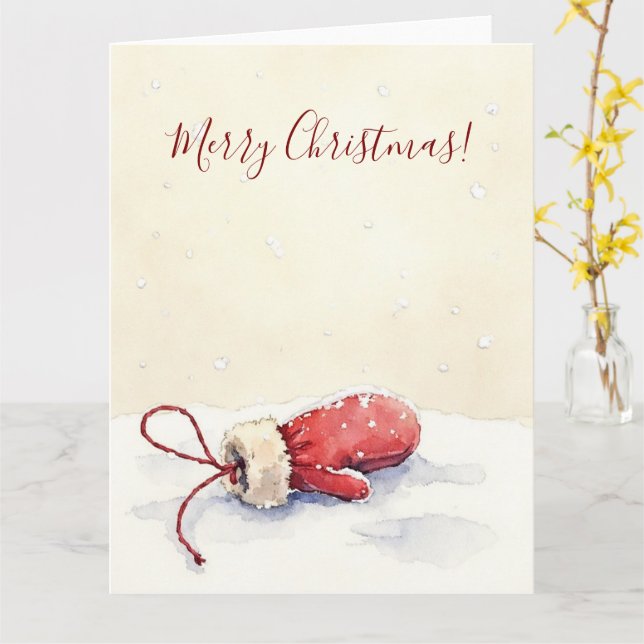 Tarjeta Minimal Winter Mitten Watercolor Christmas Art (flor amarilla)